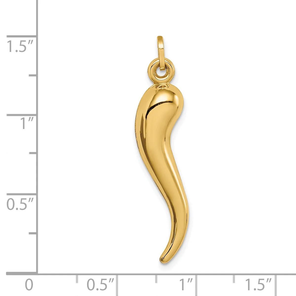 Gold-toned horn-shaped pendant with a loop at the top, shown against a measurement scale indicating approximately 1.25 inches in length.