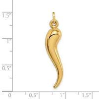 Gold-toned horn-shaped pendant with a loop at the top, shown against a measurement scale indicating approximately 1.25 inches in length.
