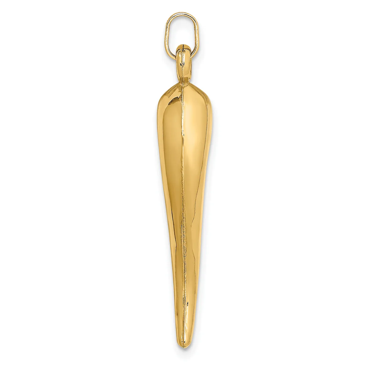 A polished gold-colored elongated teardrop pendant with a seam down the center, suspended from a matching oval loop bail.