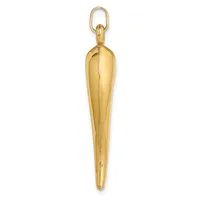 A polished gold-colored elongated teardrop pendant with a seam down the center, suspended from a matching oval loop bail.