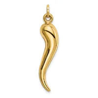 A polished gold horn-shaped pendant with a curved form and a small loop attachment at the top.