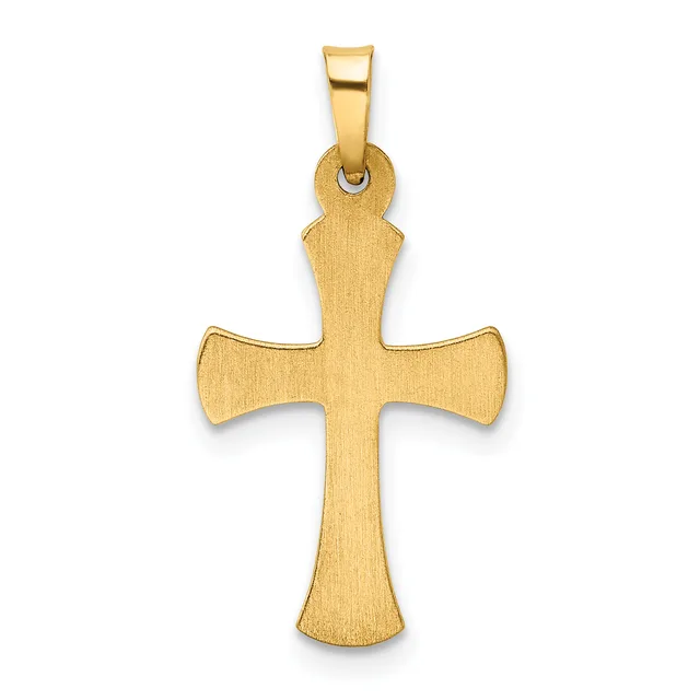 A gold cross pendant with a brushed matte finish and rounded flared arms, suspended from a polished bail loop.