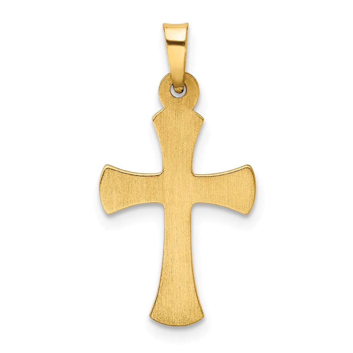 A gold cross pendant with a brushed matte finish and rounded flared arms, suspended from a polished bail loop.
