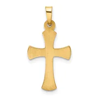 A gold cross pendant with a brushed matte finish and rounded flared arms, suspended from a polished bail loop.