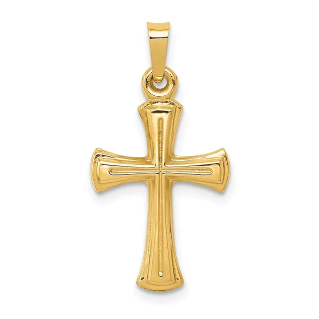 A polished gold cross pendant with flared ends and a small hallmark, suspended from a gold bail loop.