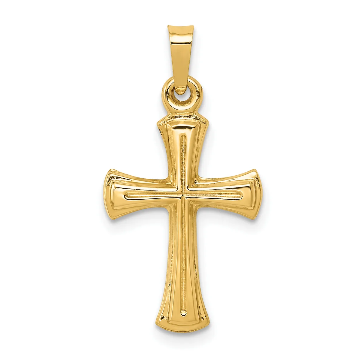 A polished gold cross pendant with flared ends and a small hallmark, suspended from a gold bail loop.