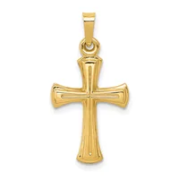 A polished gold cross pendant with flared ends and a small hallmark, suspended from a gold bail loop.