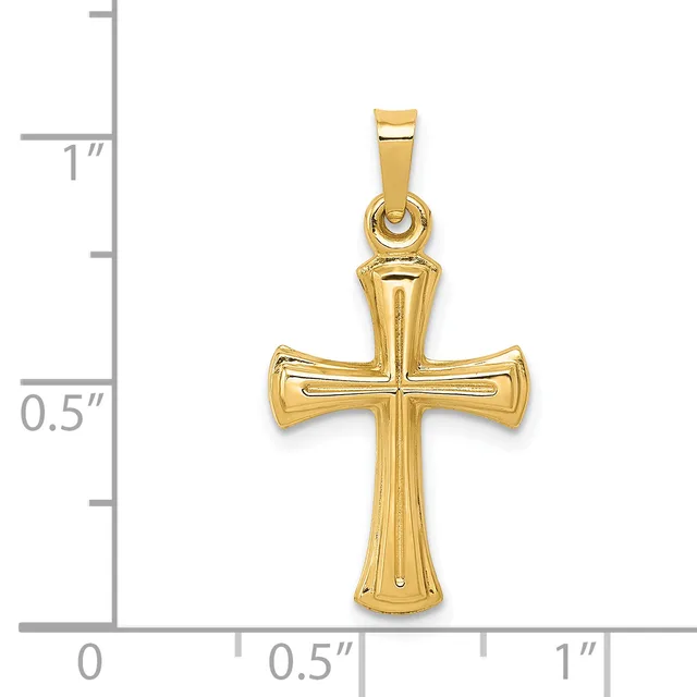 Gold cross pendant with hollow tapered arms and vertical ridged details, shown next to a ruler for scale indicating approximately one inch in height.