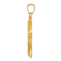 A gold-toned rectangular pendant with a small loop at the top, shown suspended against a white background.