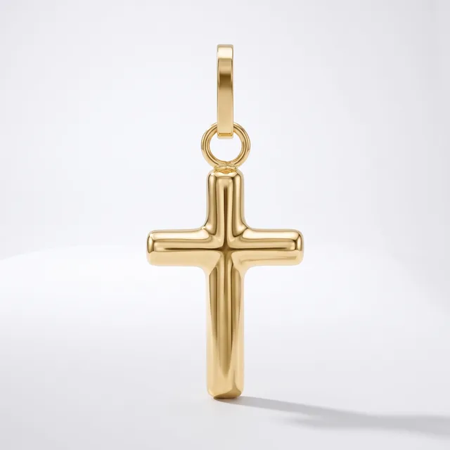 A polished gold cross pendant with a rounded rectangular bail attached to the top, displayed against a white background.