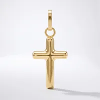 A polished gold cross pendant with a rounded rectangular bail attached to the top, displayed against a white background.