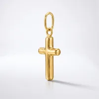 A polished gold cross pendant with rounded edges hangs from a small oval bail loop against a white background.