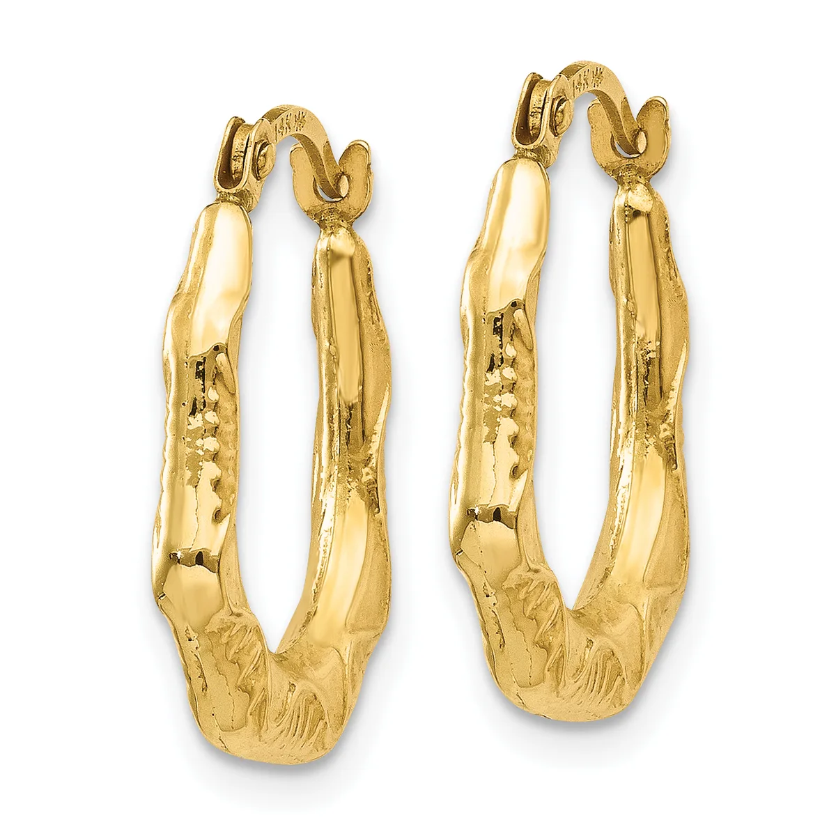 Pair of gold hoop earrings with textured surface and decorative detailing, shown from the front against a white background.