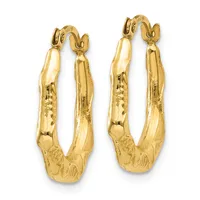 Pair of gold hoop earrings with textured surface and decorative detailing, shown from the front against a white background.