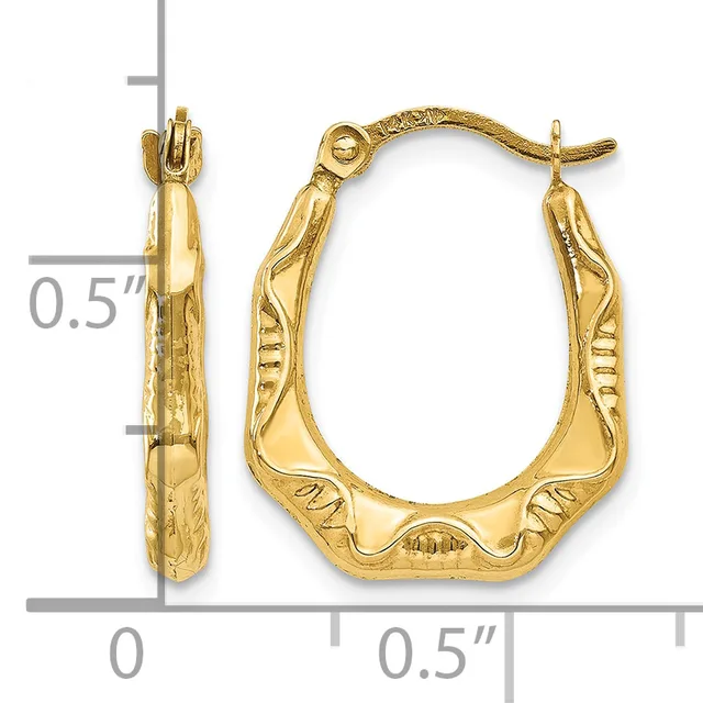 Pair of gold-toned hoop earrings with textured surface and scalloped edges, shown next to a ruler indicating approximately 0.5 inches in height.
