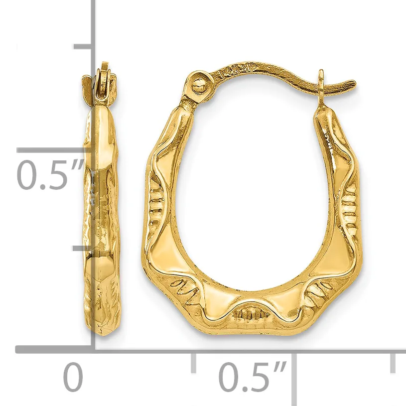 Pair of gold-toned hoop earrings with textured surface and scalloped edges, shown next to a ruler indicating approximately 0.5 inches in height.