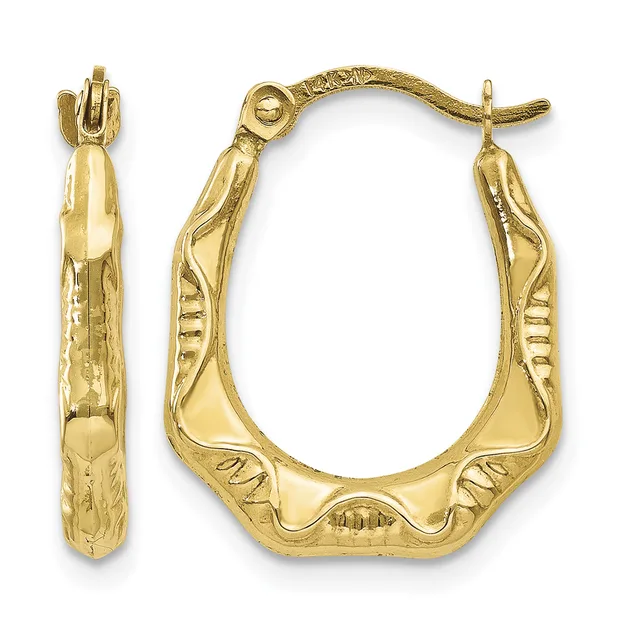 Pair of gold hoop earrings with textured surface and decorative curved designs, shown from front and side views with post and clutch closures.