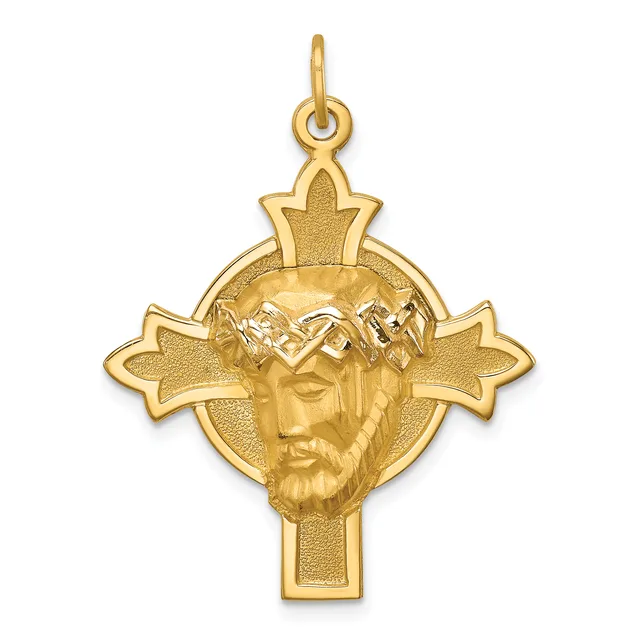 Gold pendant featuring a cross with a bearded face wearing a crown of thorns at the center, surrounded by four pointed star shapes, with a small loop at the top for hanging.
