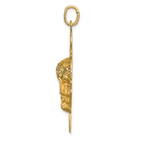 A gold pendant on a chain featuring a classical male face in profile, suspended from an oval loop at the top.