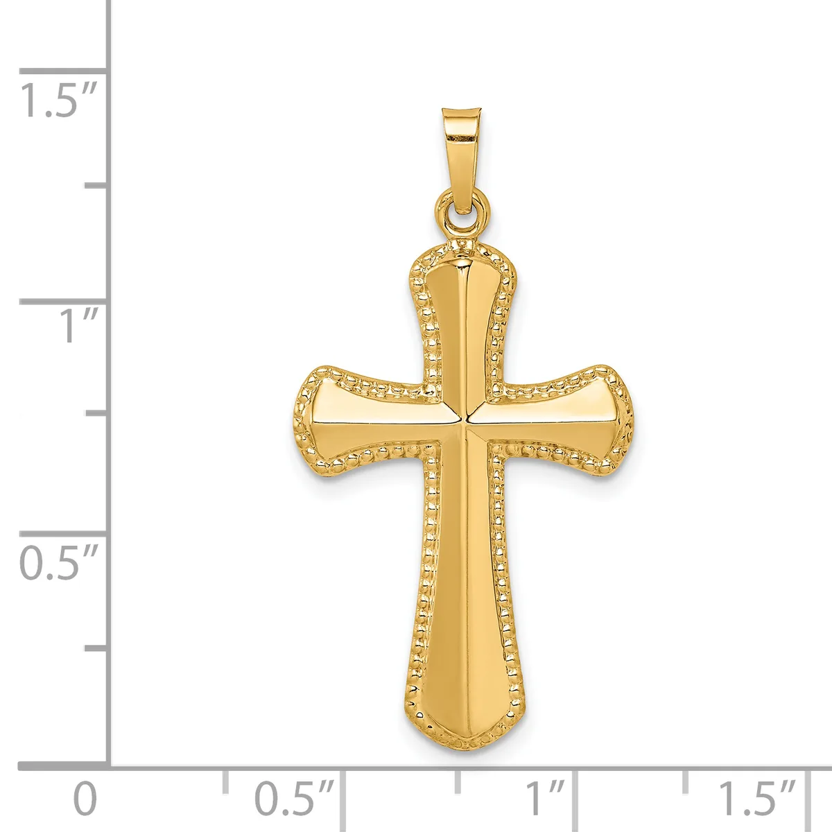 Gold cross pendant with textured borders and rounded flared arms, shown against a measurement scale indicating approximately 1.25 inches in height.