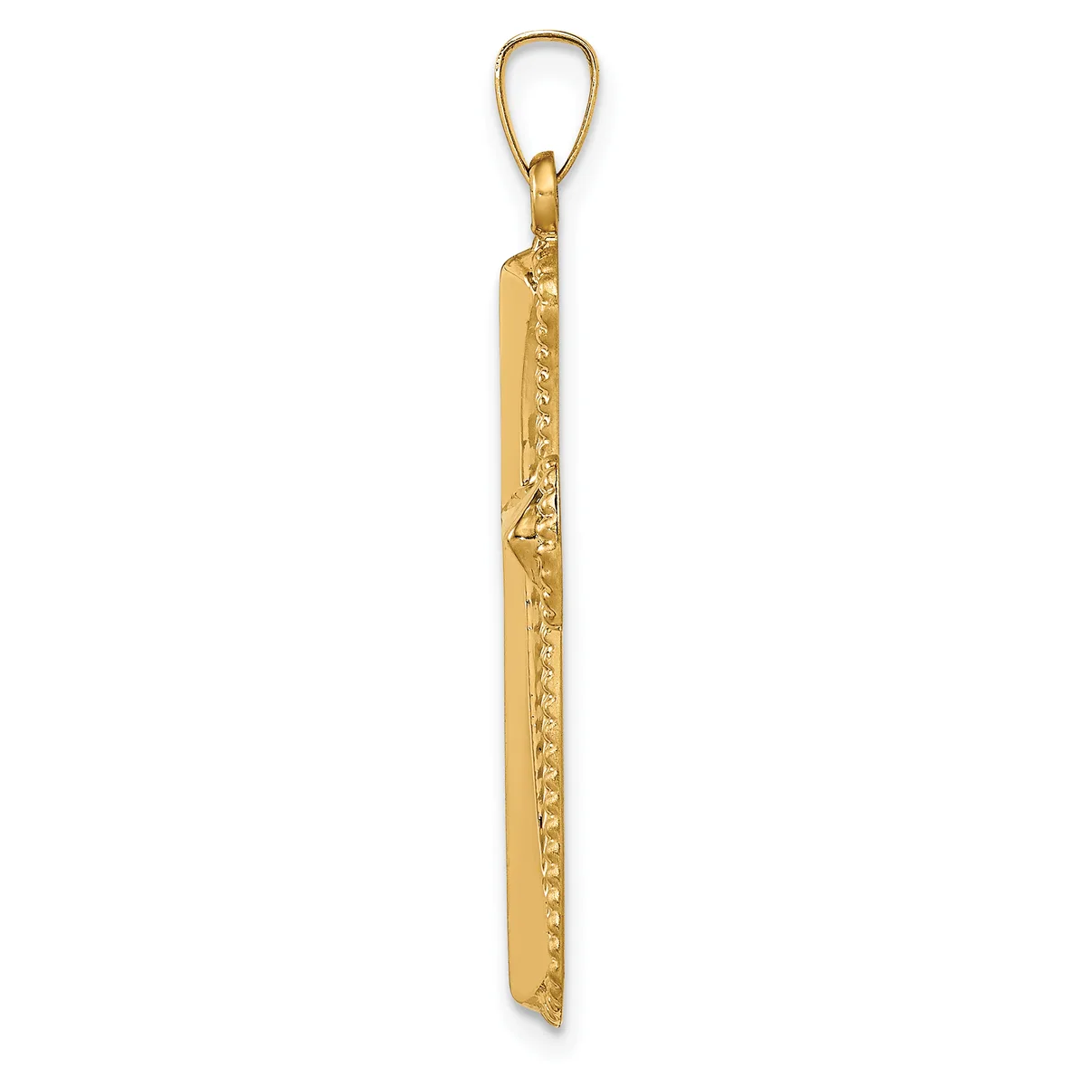 A long, narrow gold pendant with decorative embossed detailing along its surface, suspended from a gold loop bail.