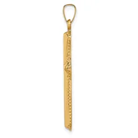 A long, narrow gold pendant with decorative embossed detailing along its surface, suspended from a gold loop bail.