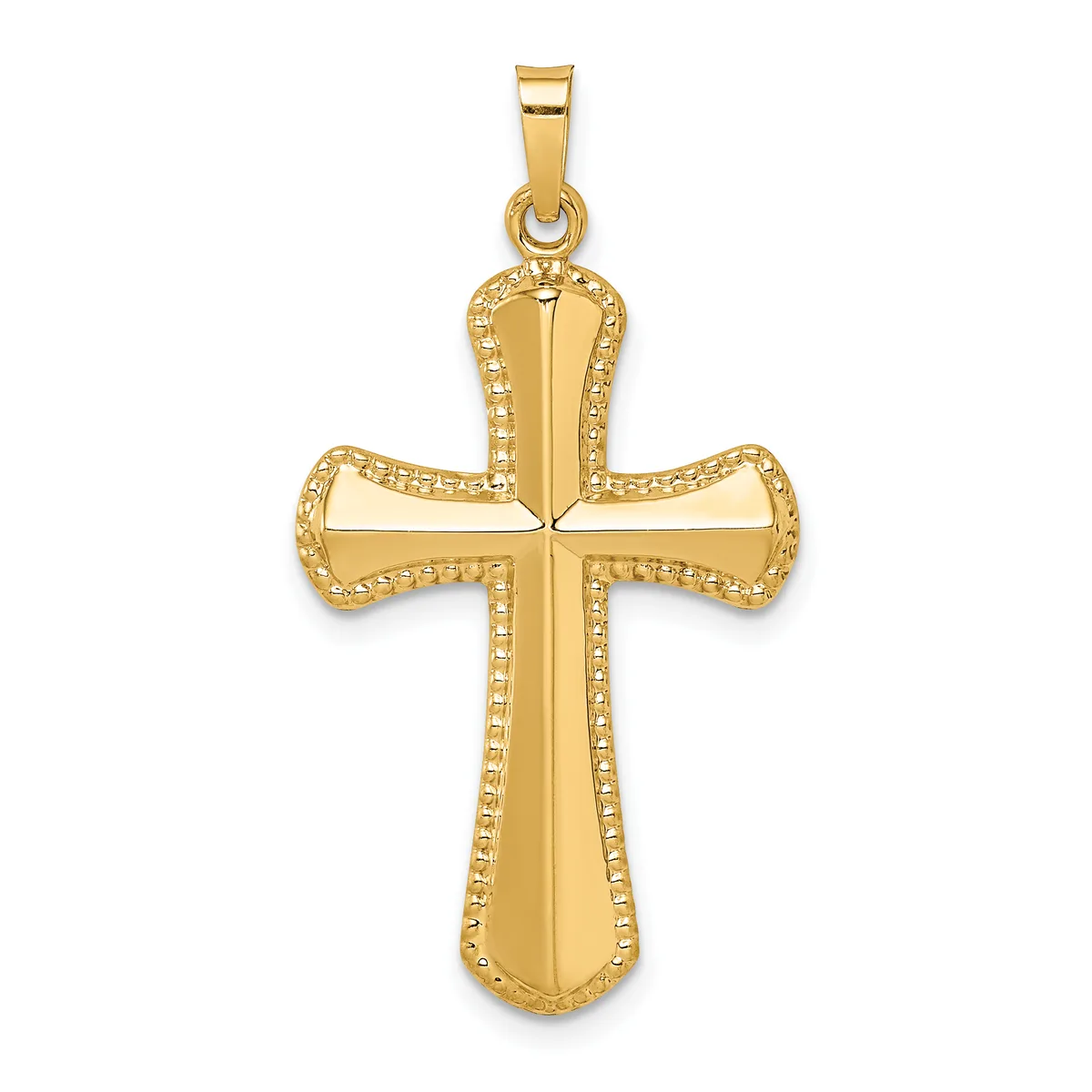A gold cross pendant with beaded edges and a polished center, suspended from a bail, displayed against a white background.