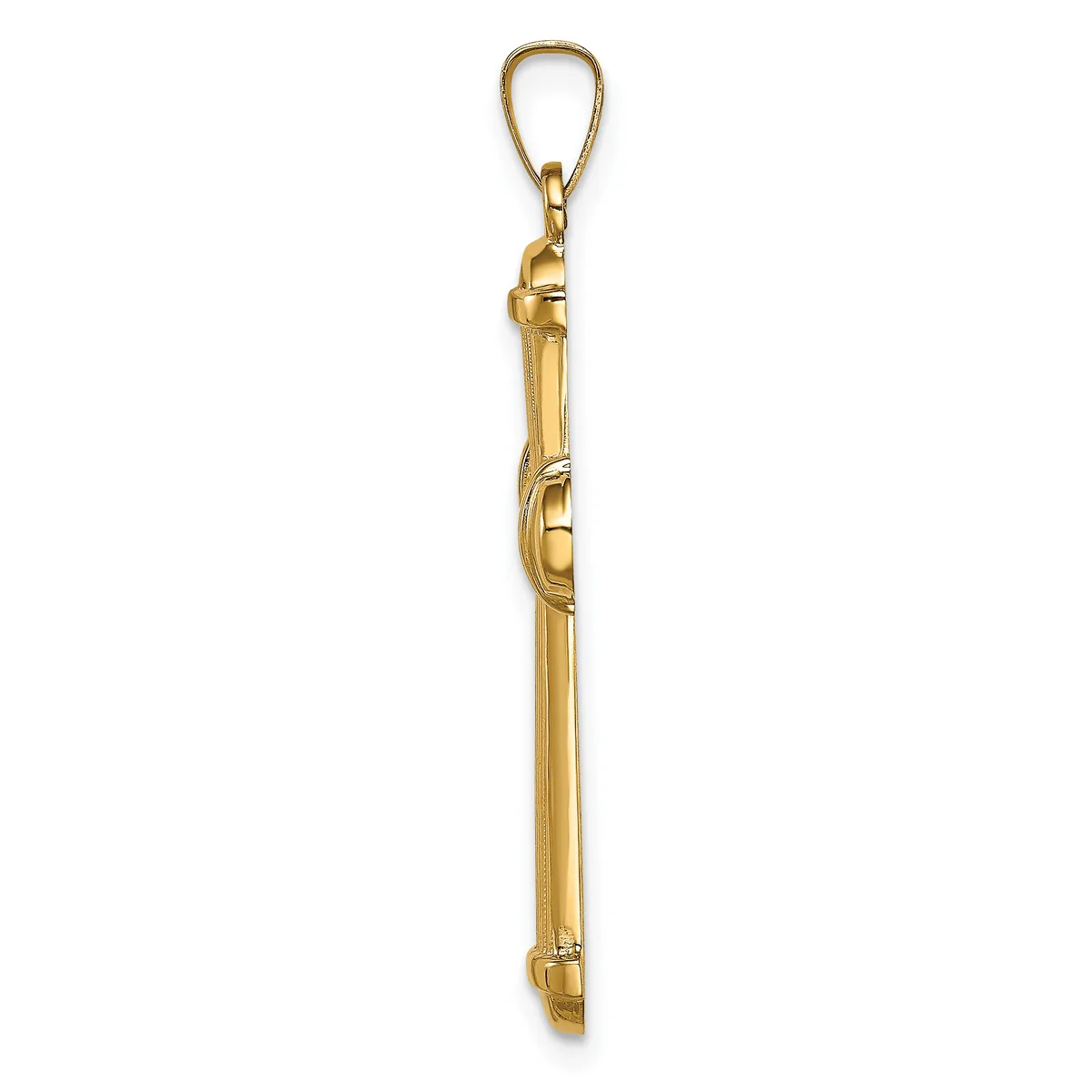 A gold-toned cylindrical pendant with a carabiner-style clasp at the top and decorative bands around its middle section.