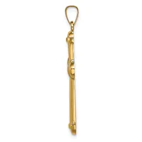A gold-toned cylindrical pendant with a carabiner-style clasp at the top and decorative bands around its middle section.