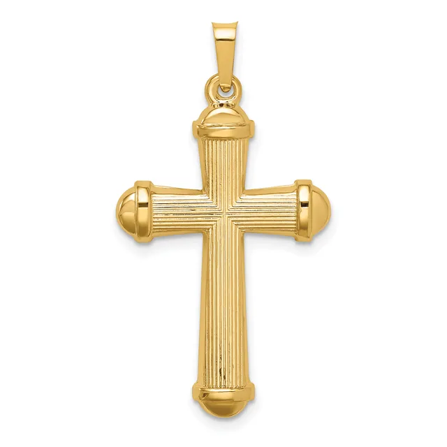 A polished gold cross pendant with vertical linear detailing and rounded knob accents at the ends of each arm, suspended from a bail loop.