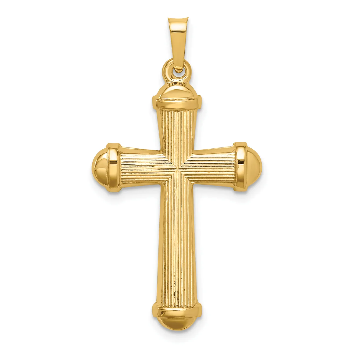 A polished gold cross pendant with vertical linear detailing and rounded knob accents at the ends of each arm, suspended from a bail loop.