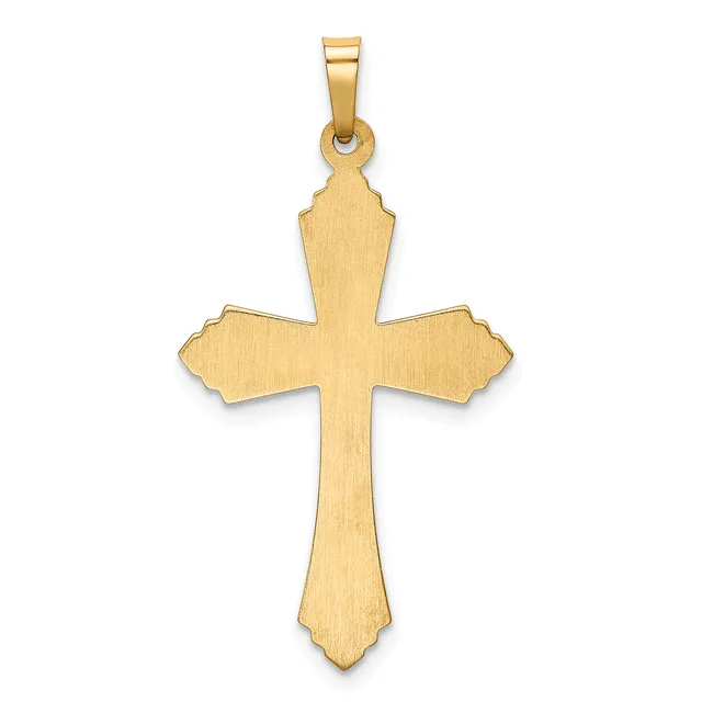 A gold cross pendant with a brushed finish and decorative notched edges at the ends of each arm, suspended from a gold bail.