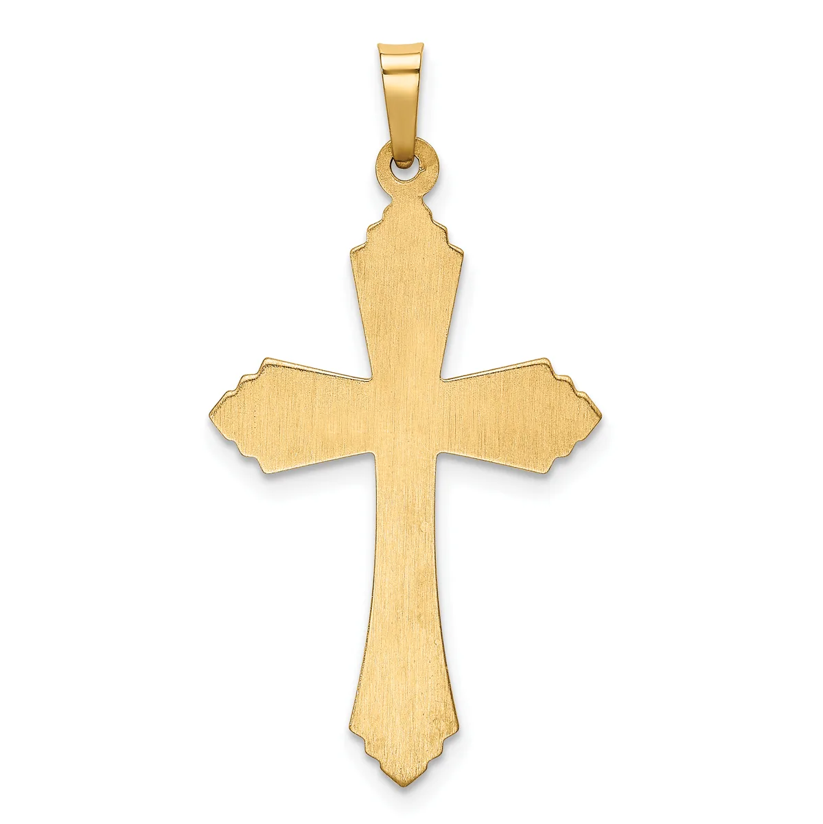 A gold cross pendant with a brushed finish and decorative notched edges at the ends of each arm, suspended from a gold bail.