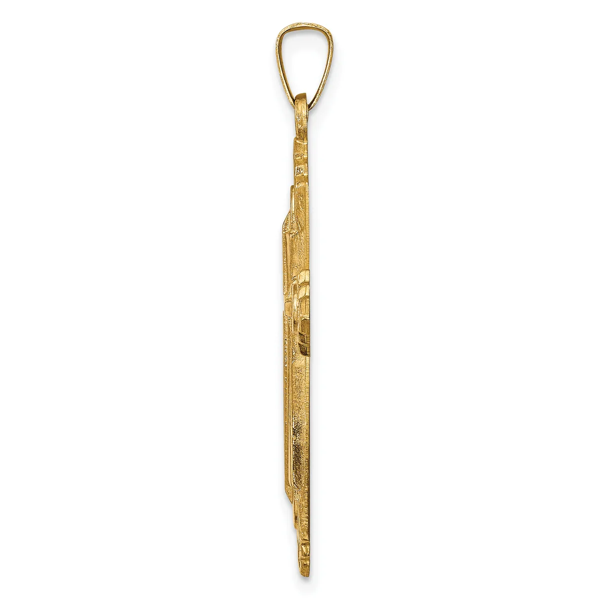 A long, slender gold pendant with textured surface detail and a loop at the top for hanging.