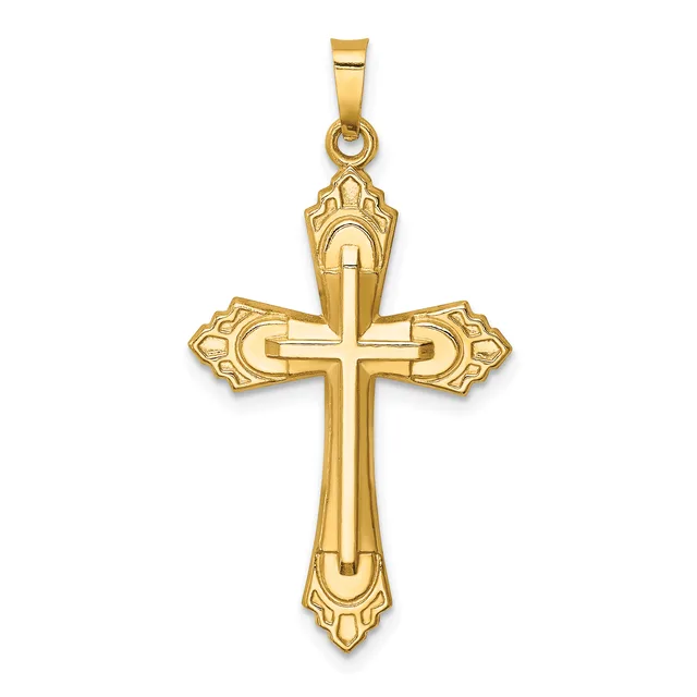 A gold cross pendant with ornate flared ends and a raised center cross, suspended from a small bail loop.