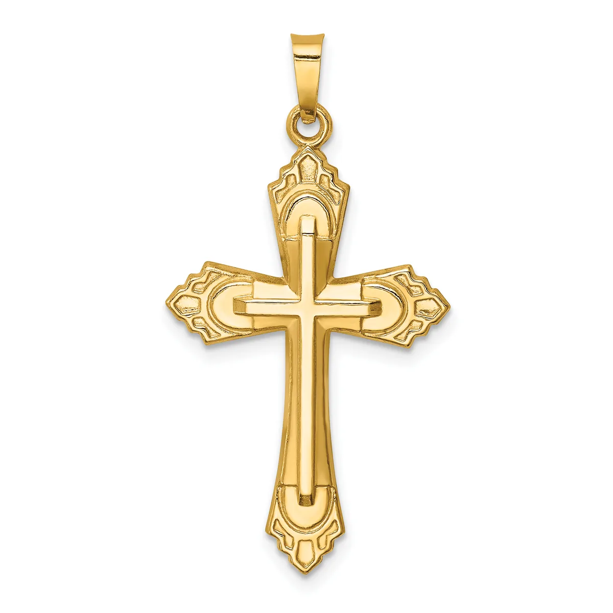 A gold cross pendant with ornate flared ends and a raised center cross, suspended from a small bail loop.