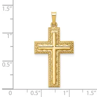 Gold cross pendant with textured border and polished center cross, displayed next to a measurement ruler showing approximately one inch width.