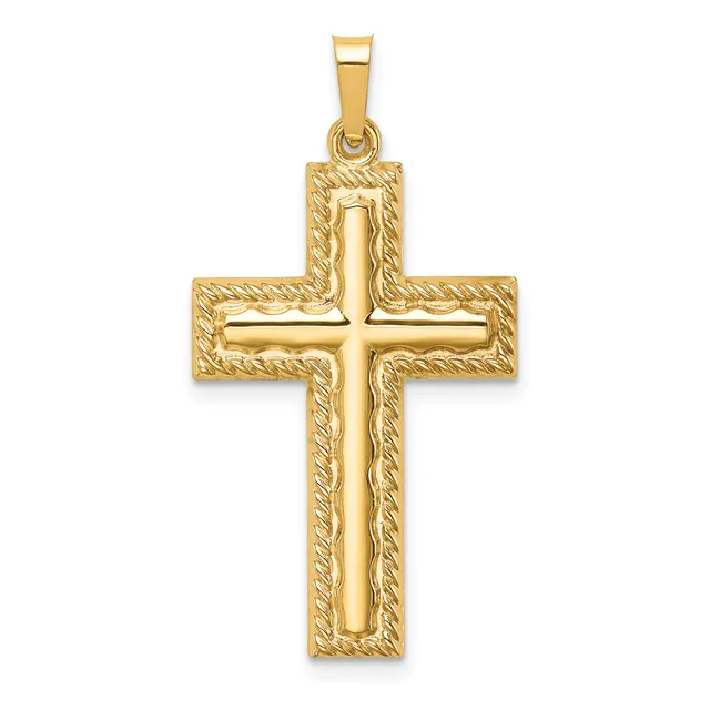 Gold cross pendant with textured rope-like borders and a polished raised cross in the center, shown suspended on a bail against a white background.