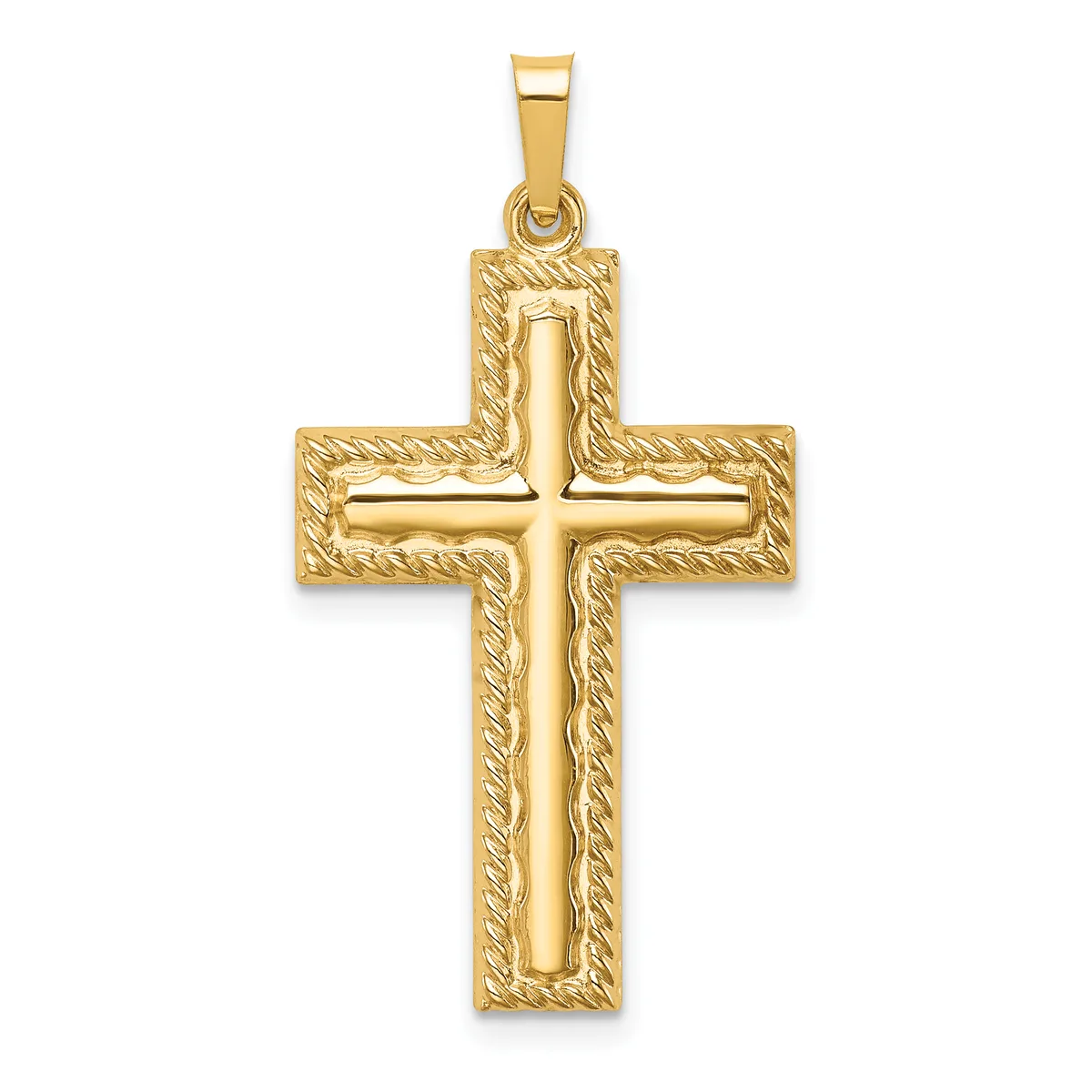 Gold cross pendant with textured rope-like borders and a polished raised cross in the center, shown suspended on a bail against a white background.