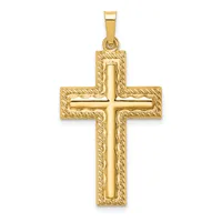 Gold cross pendant with textured rope-like borders and a polished raised cross in the center, shown suspended on a bail against a white background.