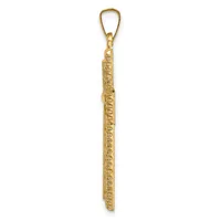 A long rectangular gold pendant with textured surface detail and a looped bail at the top, shown hanging against a white background.