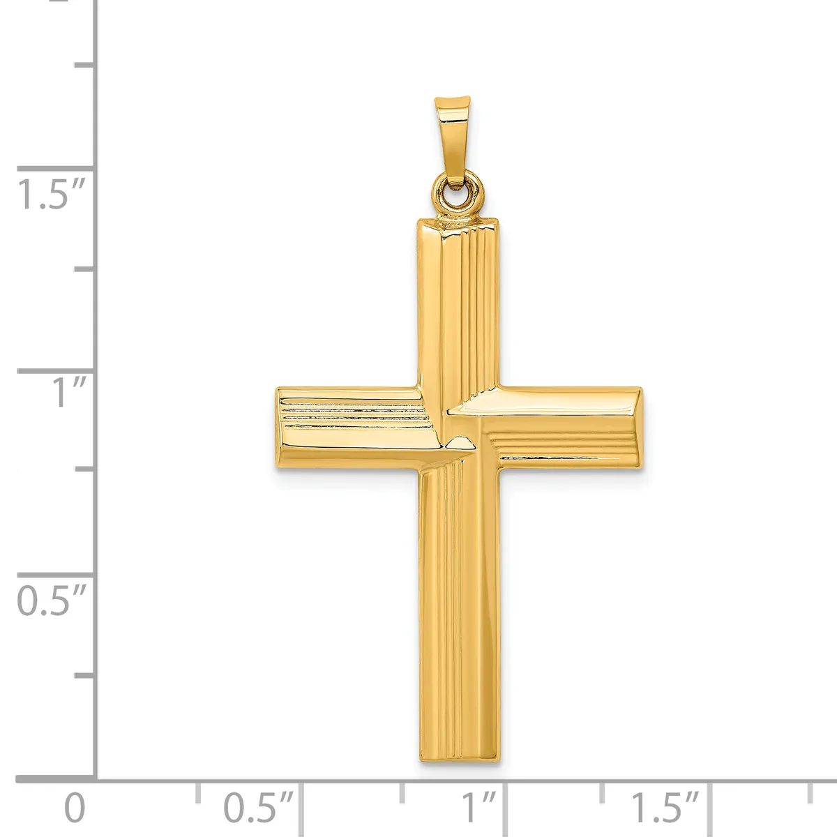 Gold cross pendant with vertical ridged texture and horizontal bar, shown against a measurement scale indicating approximately 1.5 inches in height.