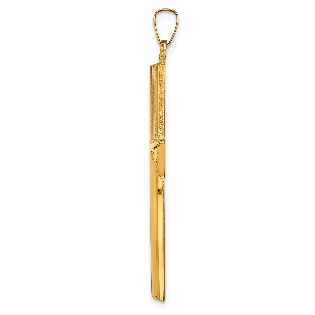 A long, narrow gold-colored metal pendant with a textured upper section and smooth shaft, suspended from a gold loop at the top.