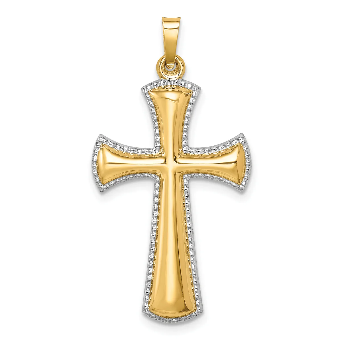 A gold cross pendant with diamond accents along the edges, featuring a polished finish and a bail loop at the top for hanging on a chain.