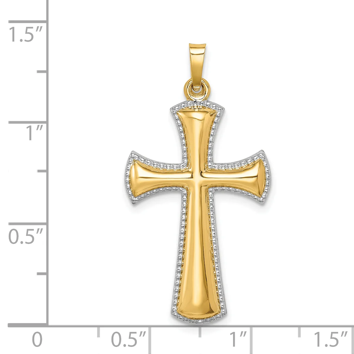 Gold cross pendant with diamond accents along the edges, shown next to a ruler measuring approximately 1.25 inches tall.