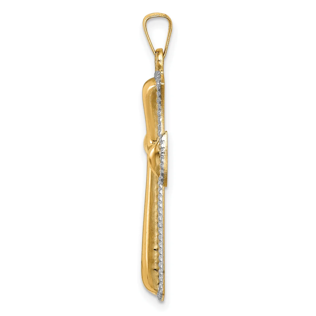 A vertical gold pendant with diamond accents along one edge and a polished curved gold surface, suspended from a gold bail loop.