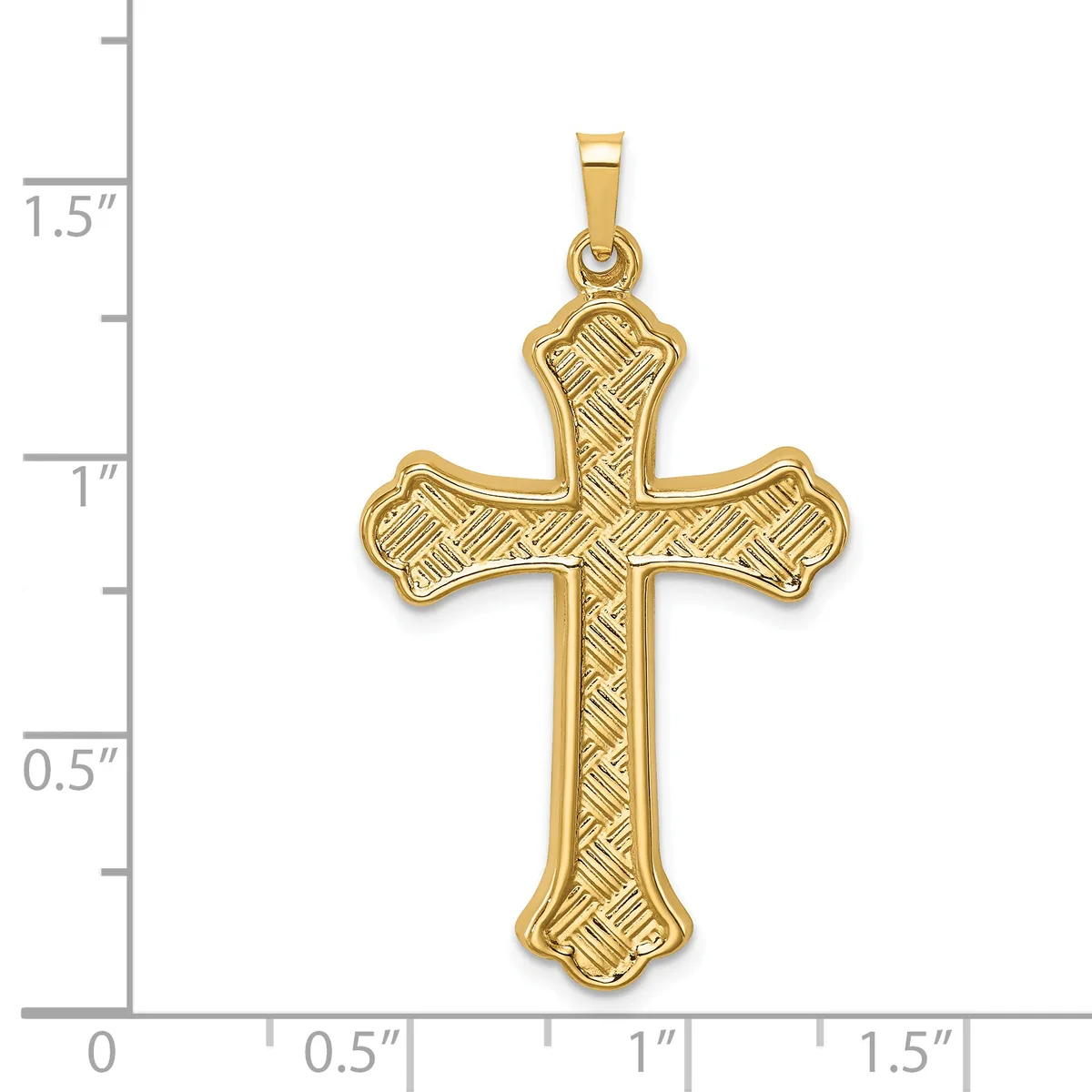 A gold cross pendant with textured diagonal line pattern throughout, shown against a measurement scale indicating approximately one inch in width and 1.5 inches in height.