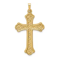 Gold cross pendant with textured diagonal line pattern throughout, featuring rounded ends on each arm and a small bail loop at the top.