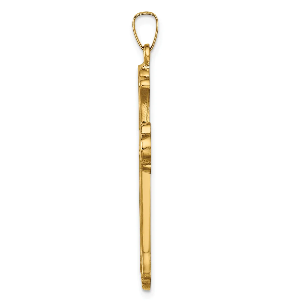 A long, slender gold pendant with a polished finish and small stamped hallmark, suspended from a gold loop bail.