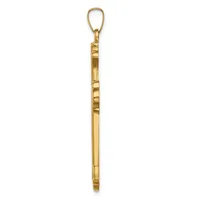 A long, slender gold pendant with a polished finish and small stamped hallmark, suspended from a gold loop bail.